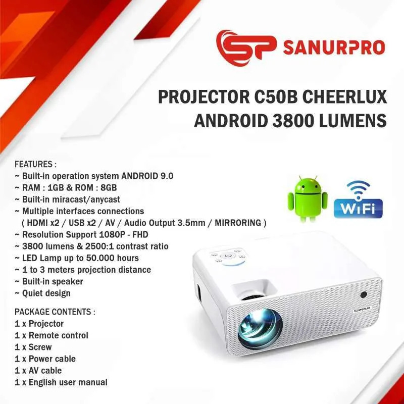 Cheerlux C50 Pro Android Projector 3800 Lumens