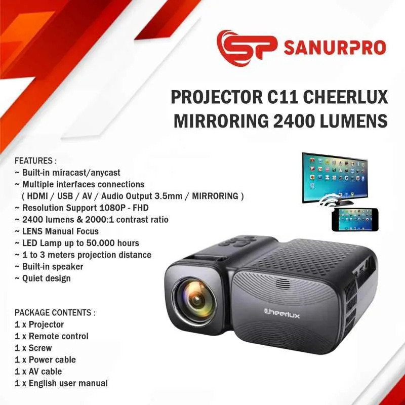 Cheerlux C11 Mirrorring Projector 2400 Lumens