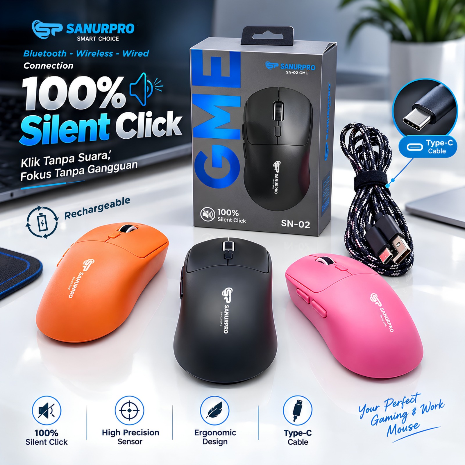 MOUSE SANURPRO SN-02 GME GAMING 3 MODE (BT,WR,TYPE-C)
